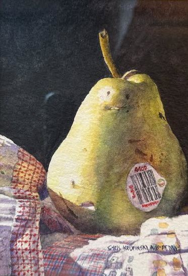 UPC Pear, a transparent watercolor painting by Chris Krupinski